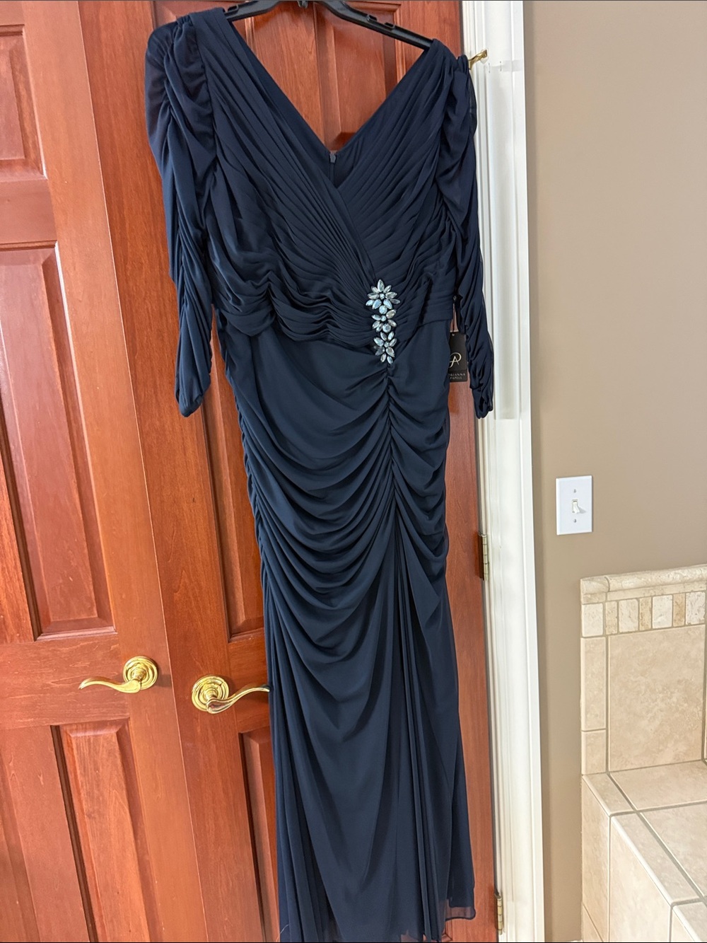Adrianna Papell Navy Ruched Long-Sleeve Evening Gown with Jeweled Accent